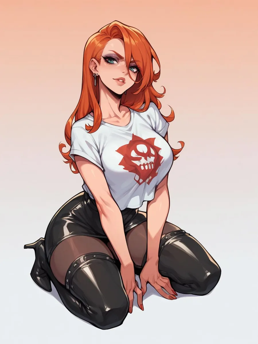 Anime-style AI generated image of a red-haired woman in a white t-shirt and black outfit, seated on her knees.