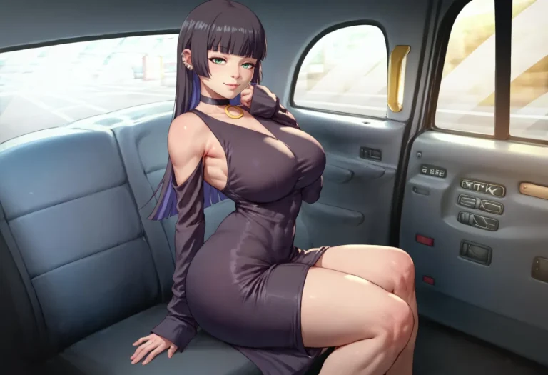 Anime woman with long dark hair and green eyes, wearing a tight black dress with open shoulders, sitting in the backseat of a car. AI generated image using Stable Diffusion.
