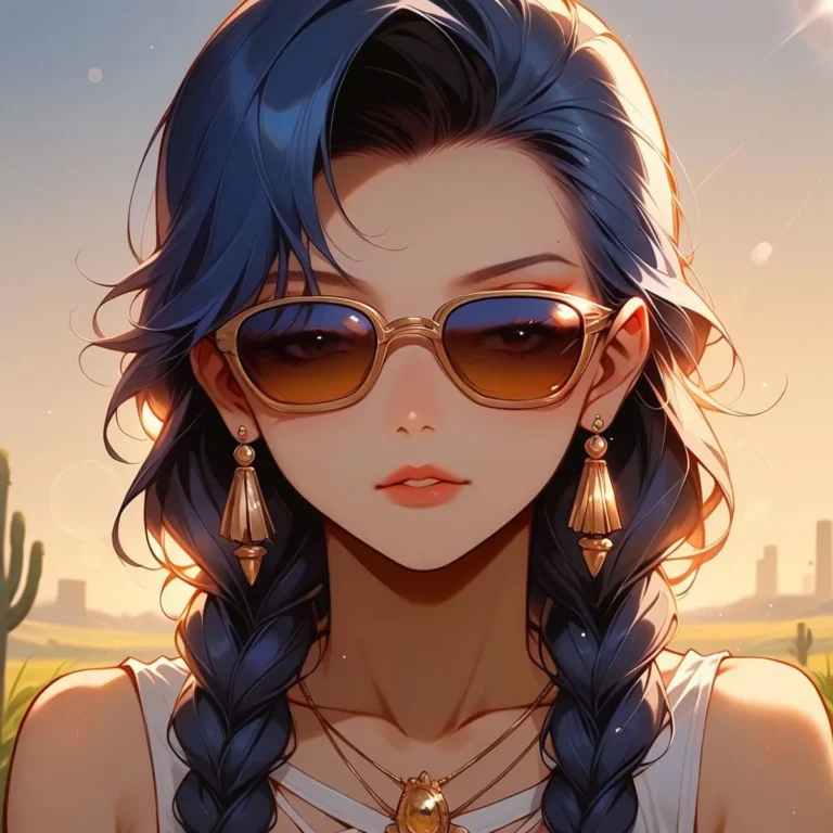 Anime-style woman with braided blue hair, wearing large sunglasses and gold jewelry, standing in a sunset-lit desert landscape. This is an AI generated image using Stable Diffusion.