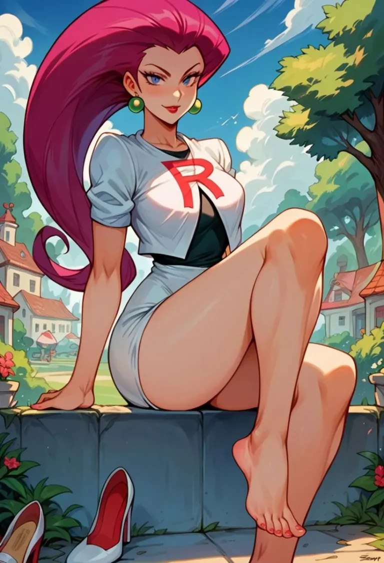 Anime-styled woman with long pink hair and green earrings, wearing a white Team Rocket outfit with a red R, sitting barefoot outdoors. AI generated image using Stable Diffusion.