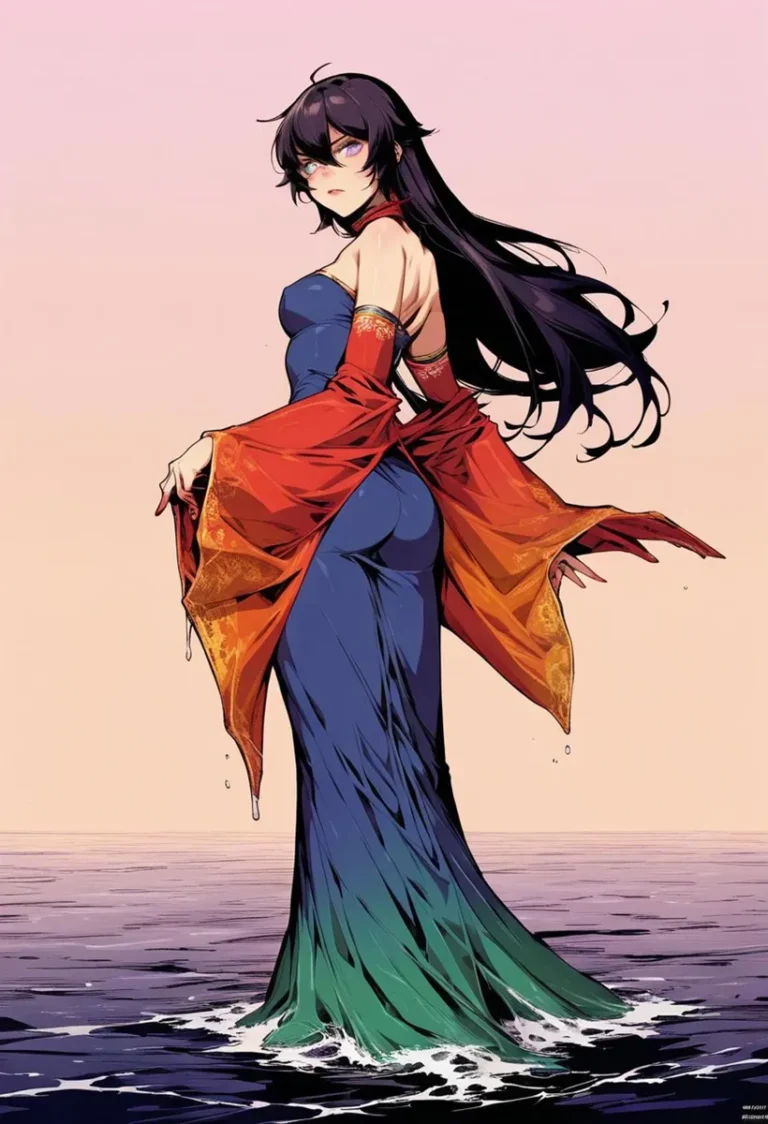 AI generated image of an anime-style woman standing in the sea, wearing a traditional dress with red and blue colors.