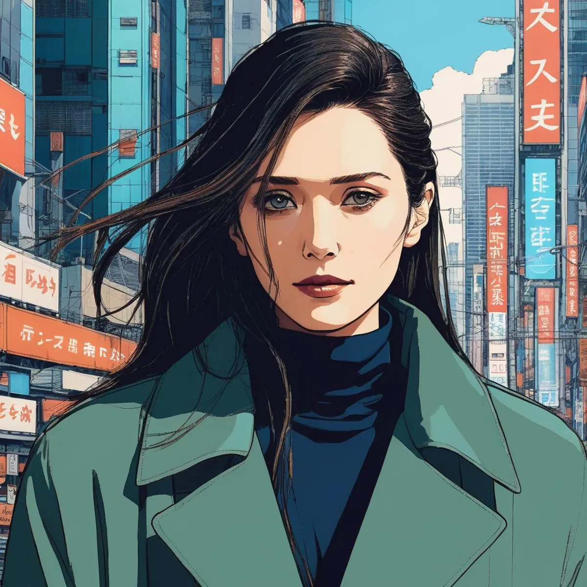 AI-generated image of an anime-style woman with long dark hair, wearing a green coat, set against a vibrant urban background with tall buildings and neon signs, created using Stable Diffusion.