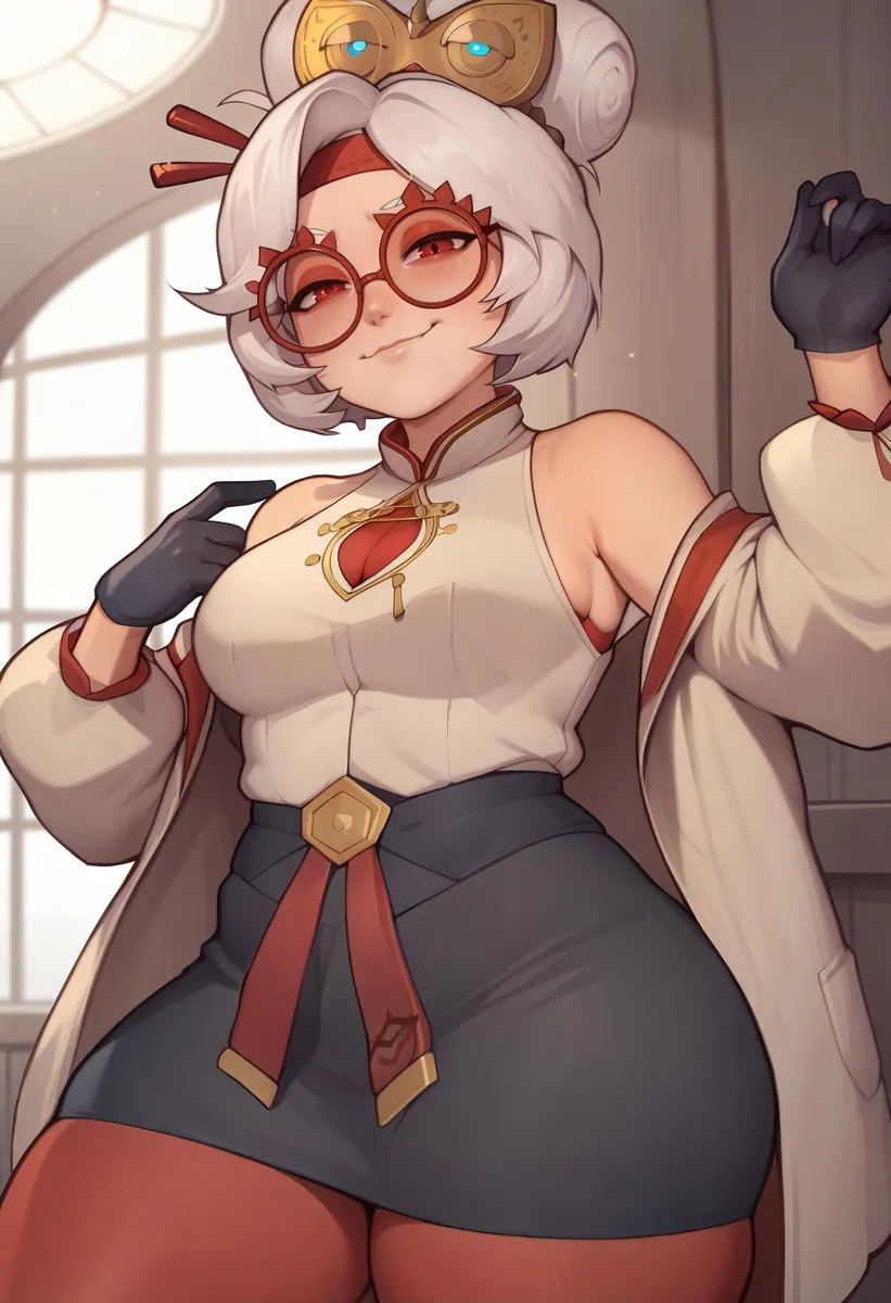 AI generated image using stable diffusion of an anime-style woman with white hair, red glasses, and a stylish outfit.