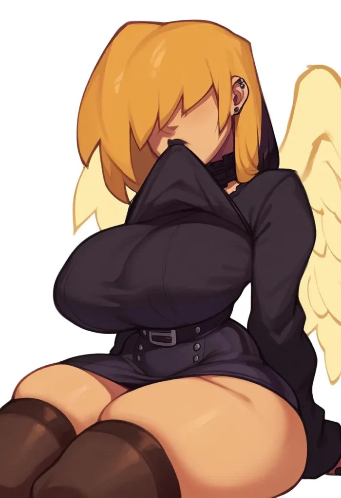 An AI generated image using Stable Diffusion of a yellow-haired anime angel with black dress and wings, sitting down with her head lowered and eyes covered by her hair.