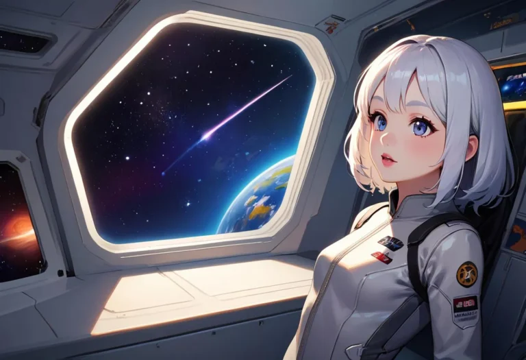 An AI generated image of an anime-style astronaut with white hair in a futuristic spacecraft looking out at Earth and a shooting star through a window.