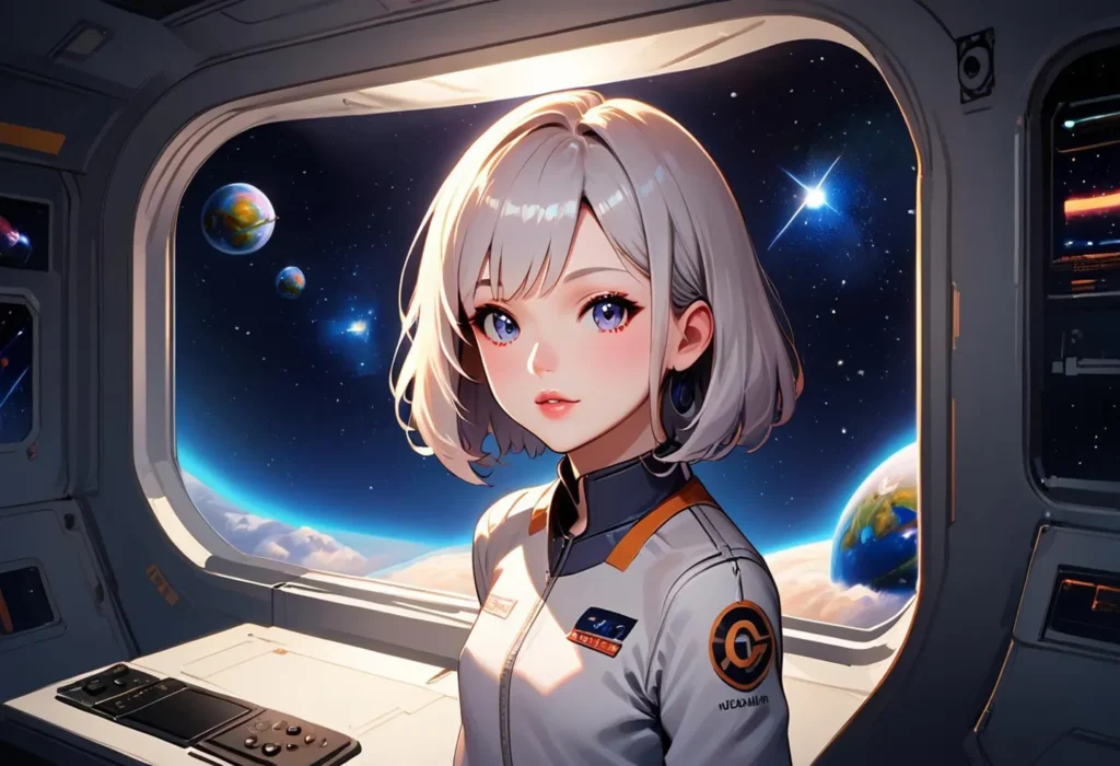 Anime astronaut girl with short blonde hair in a spaceship looking at the view of space with planets and stars, AI generated using Stable Diffusion.