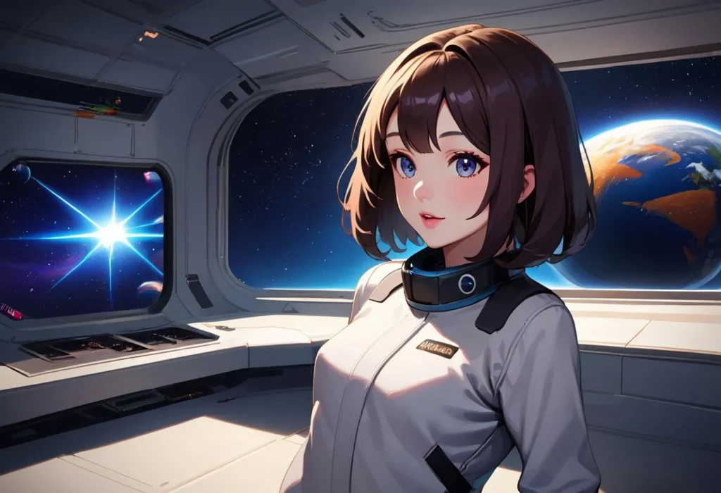 Anime girl in an astronaut suit inside a spacecraft with Earth and space visible outside the windows, AI generated using stable diffusion.