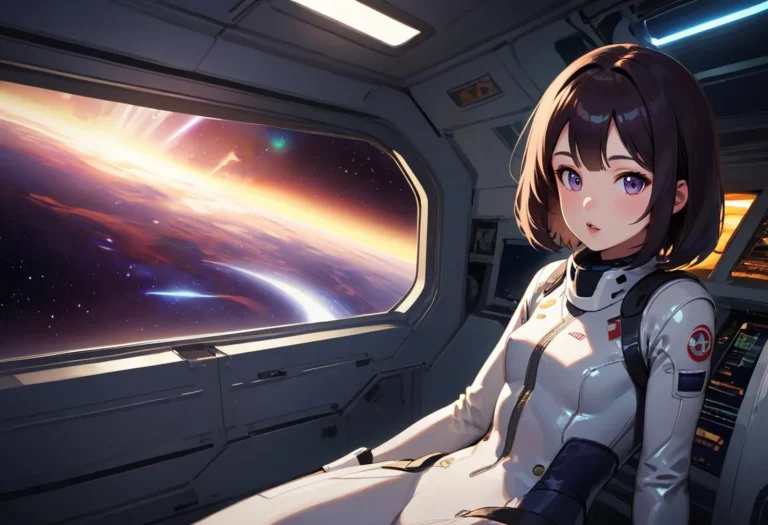Anime girl dressed in an astronaut suit, gazing at a stunning space view through a spaceship window. AI generated image using Stable Diffusion.