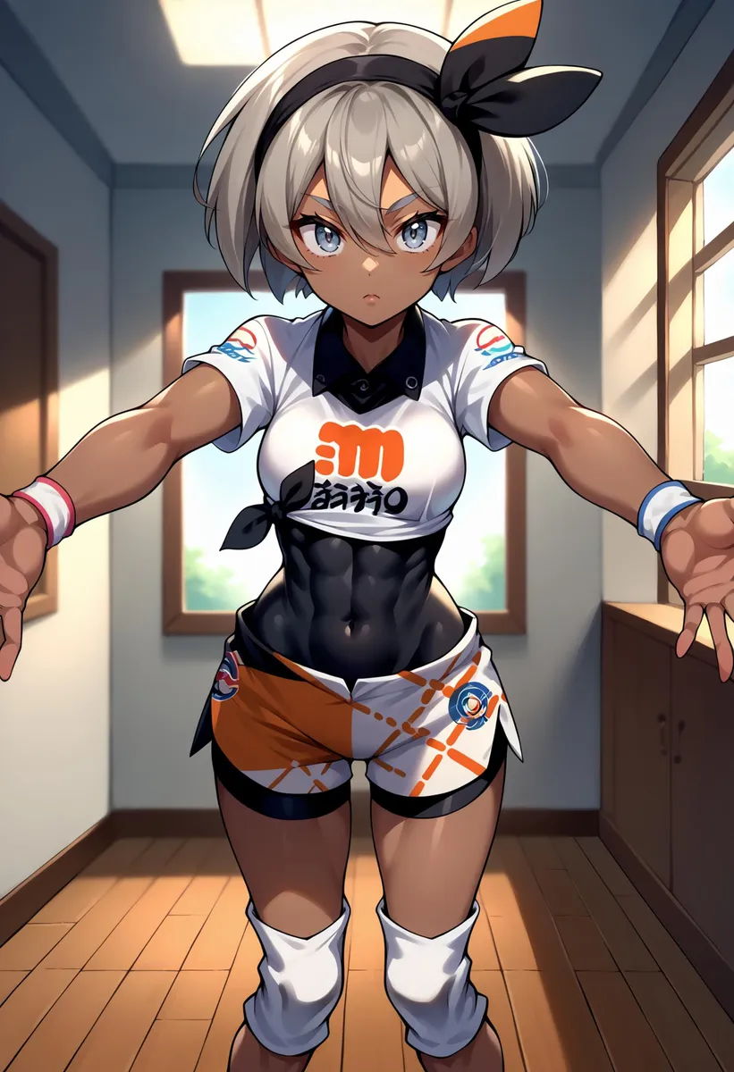 Sporty anime girl with short silver hair, wearing a white and orange sports outfit, and has a muscular build. This is an AI generated image using Stable Diffusion.