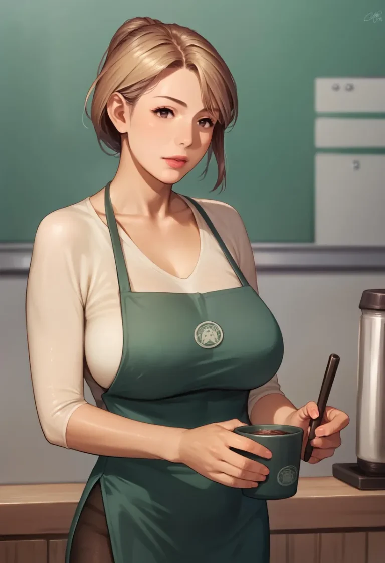 An AI generated image using stable diffusion of an anime-style girl dressed as a barista in a café, holding a green cup and a stirrer, with a neutral background.