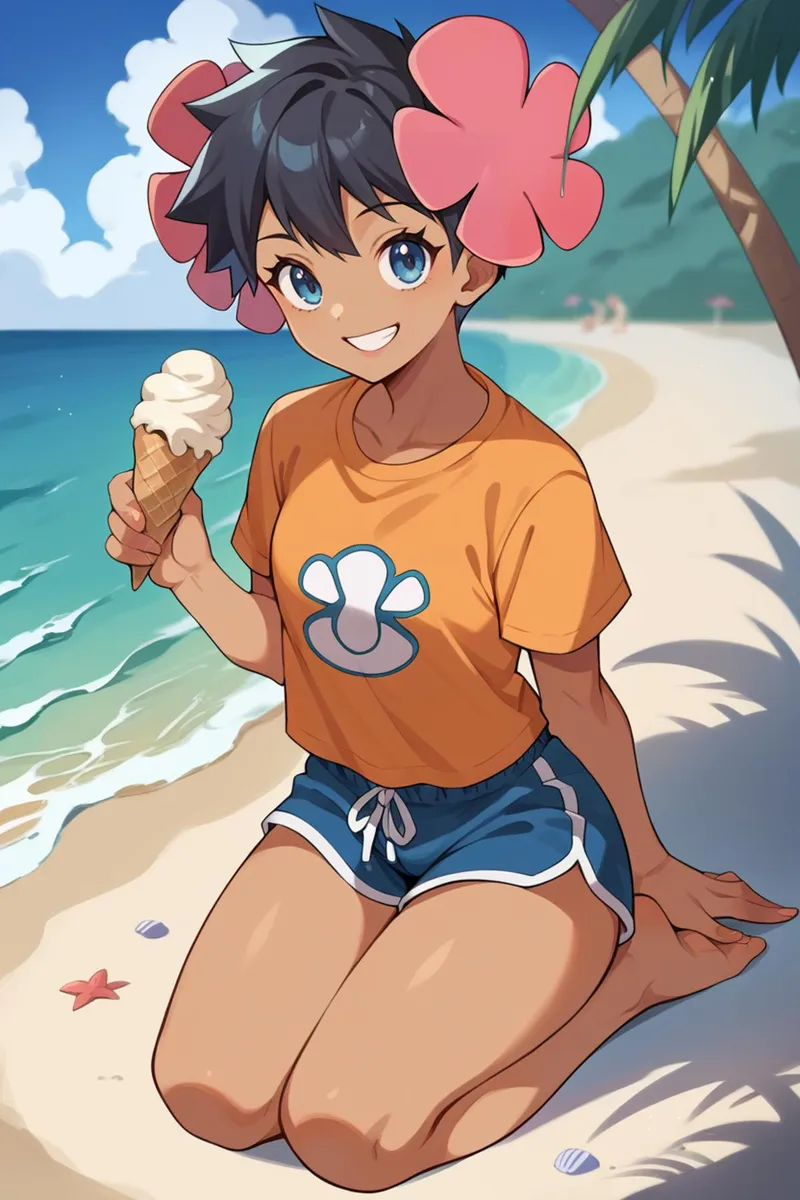 Anime style image of a girl at the beach holding an ice cream cone, created using Stable Diffusion AI.