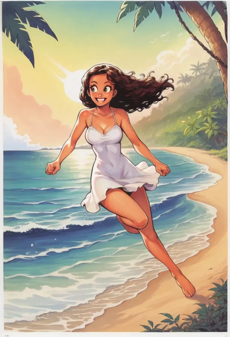 A cheerful anime-style girl running on a tropical beach in a white dress, created using Stable Diffusion.