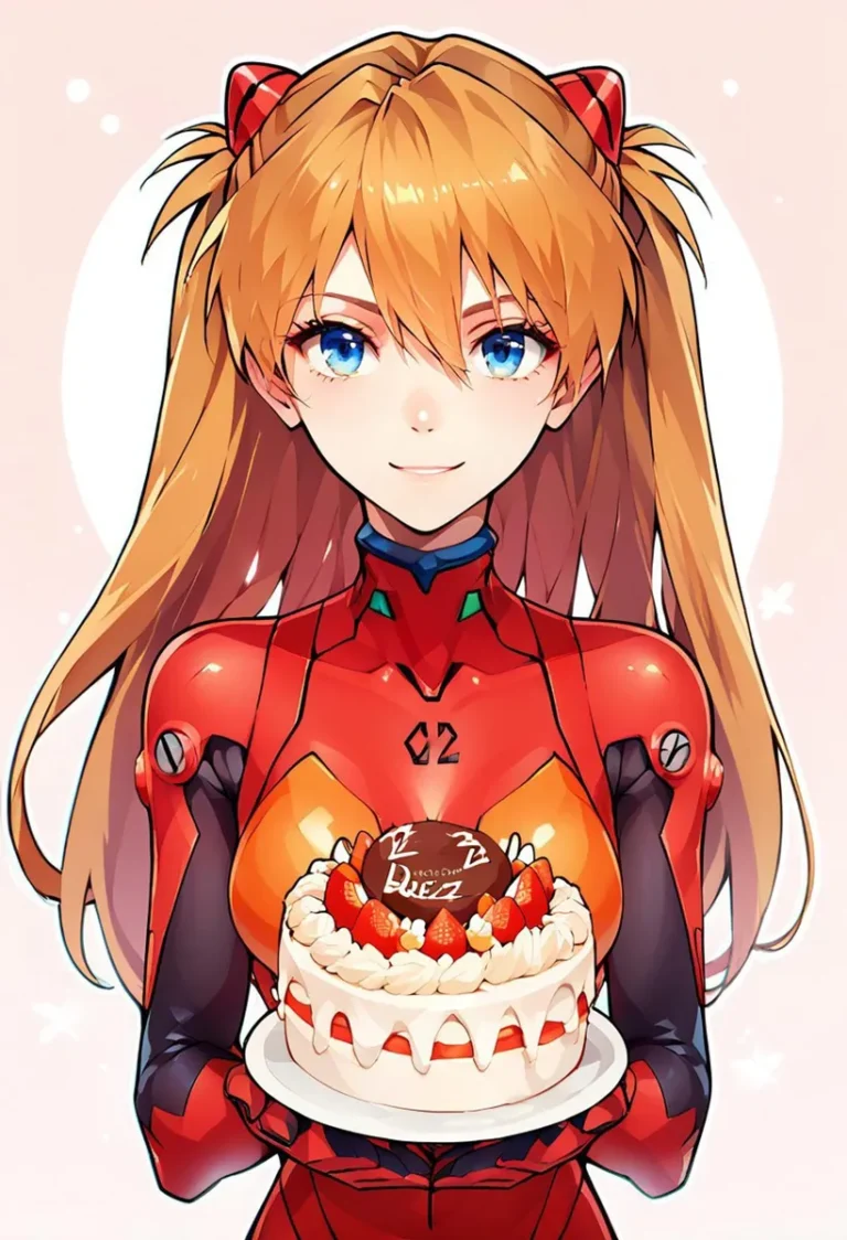 An AI-generated image created using Stable Diffusion featuring an anime girl with long blonde hair and blue eyes, wearing a red futuristic suit, holding a beautifully decorated birthday cake with strawberries and cream.