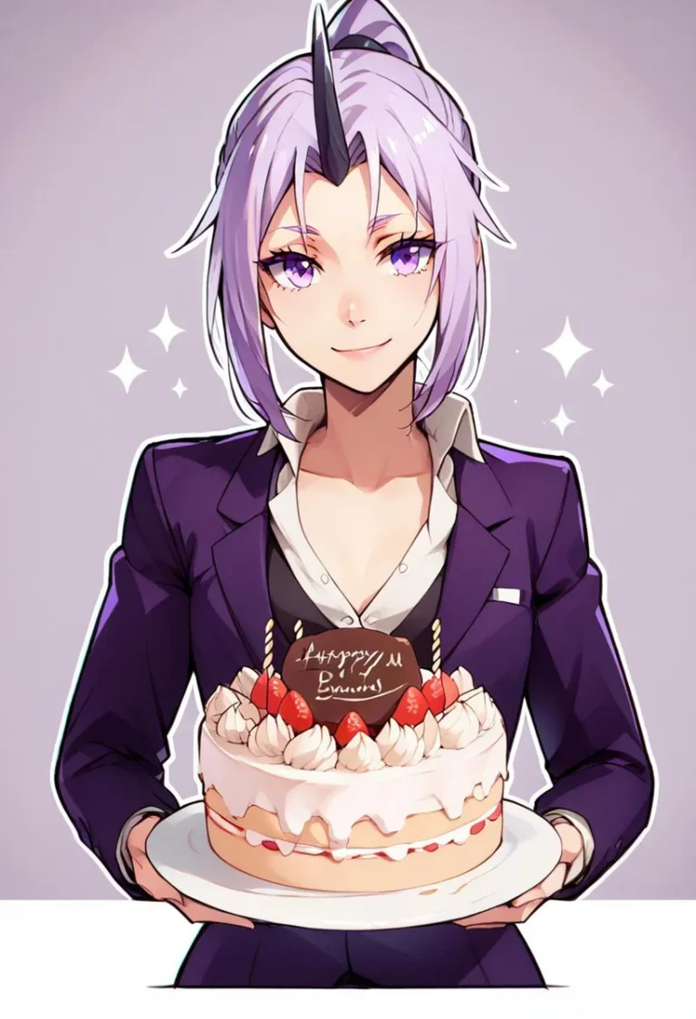 Purple-haired anime girl in a suit holding a birthday cake with strawberries. AI generated image using Stable Diffusion.
