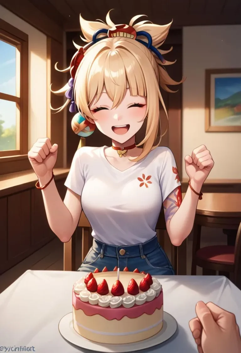 Anime-style image of a blonde girl celebrating her birthday with a cake, smiling brightly. AI generated using Stable Diffusion.