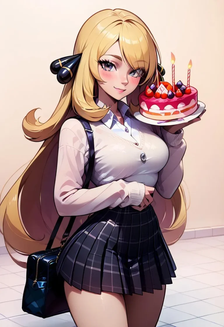 An AI generated image using stable diffusion of an anime girl with long blonde hair, holding a birthday cake with candles, dressed in a white blouse and plaid skirt.