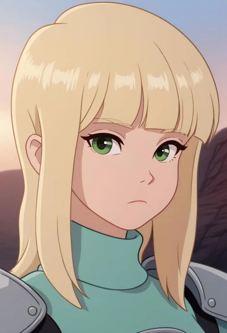 An AI generated image using stable diffusion of a blonde-haired anime character with green eyes, wearing armor.