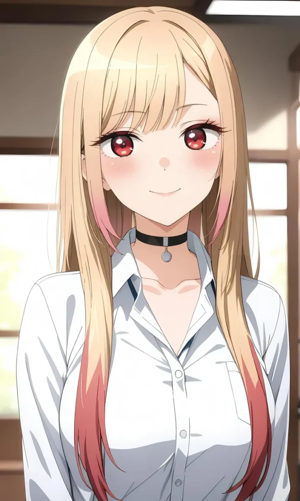 Anime girl with long blonde hair, red eyes, pink highlights, and a black choker necklace, generated by AI using stable diffusion.