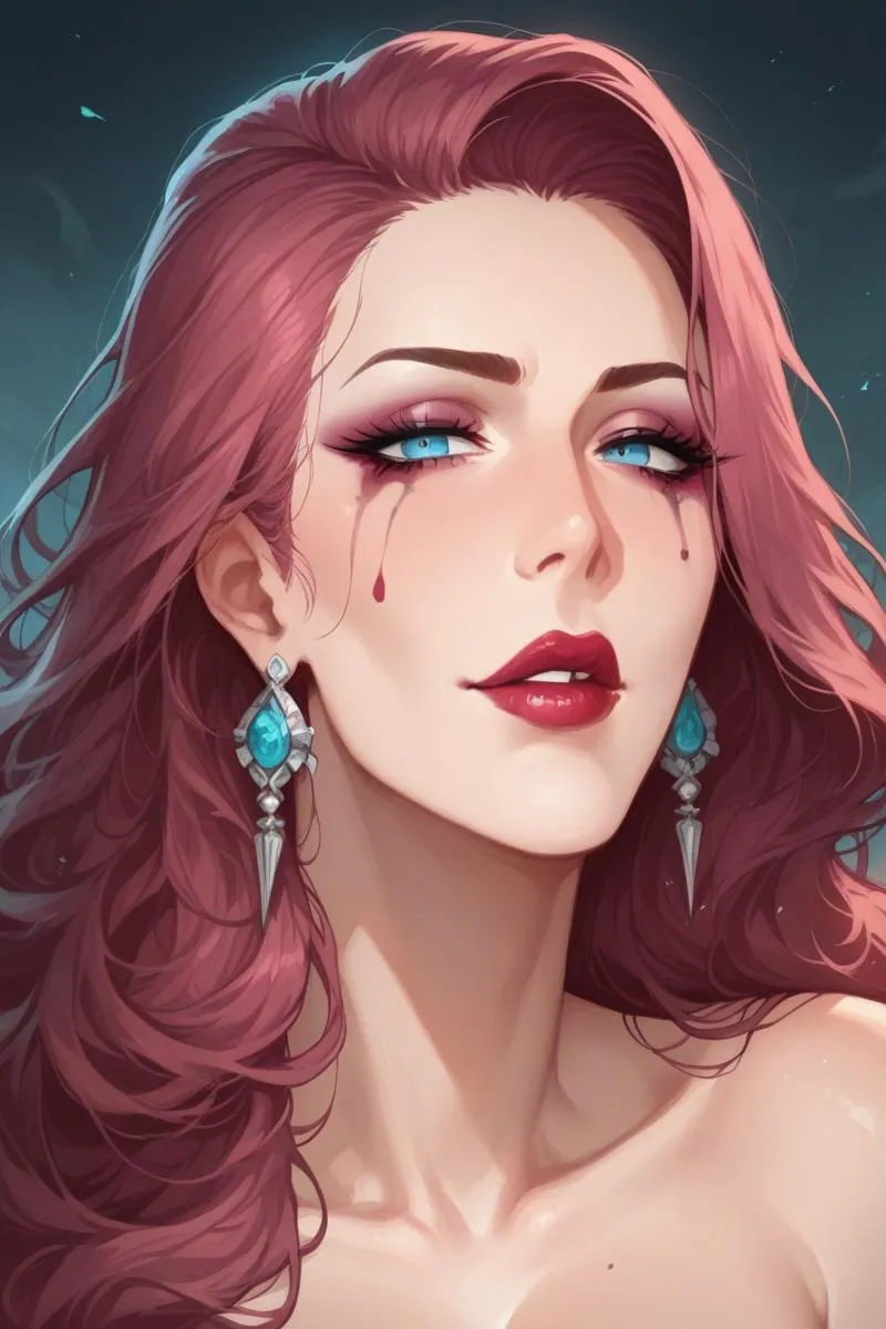 An anime-style image of a woman with long red hair and blue eyes. She is wearing striking, dagger-shaped earrings with blue gemstones. Blood tears run from her eyes, adding a dramatic touch to her appearance. AI generated image using Stable Diffusion.
