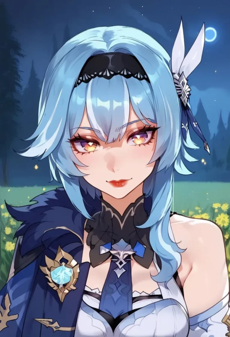 A captivating blue-haired anime girl with a serene smile under a night sky with crescent moon and forest background. This image is AI generated using Stable Diffusion.