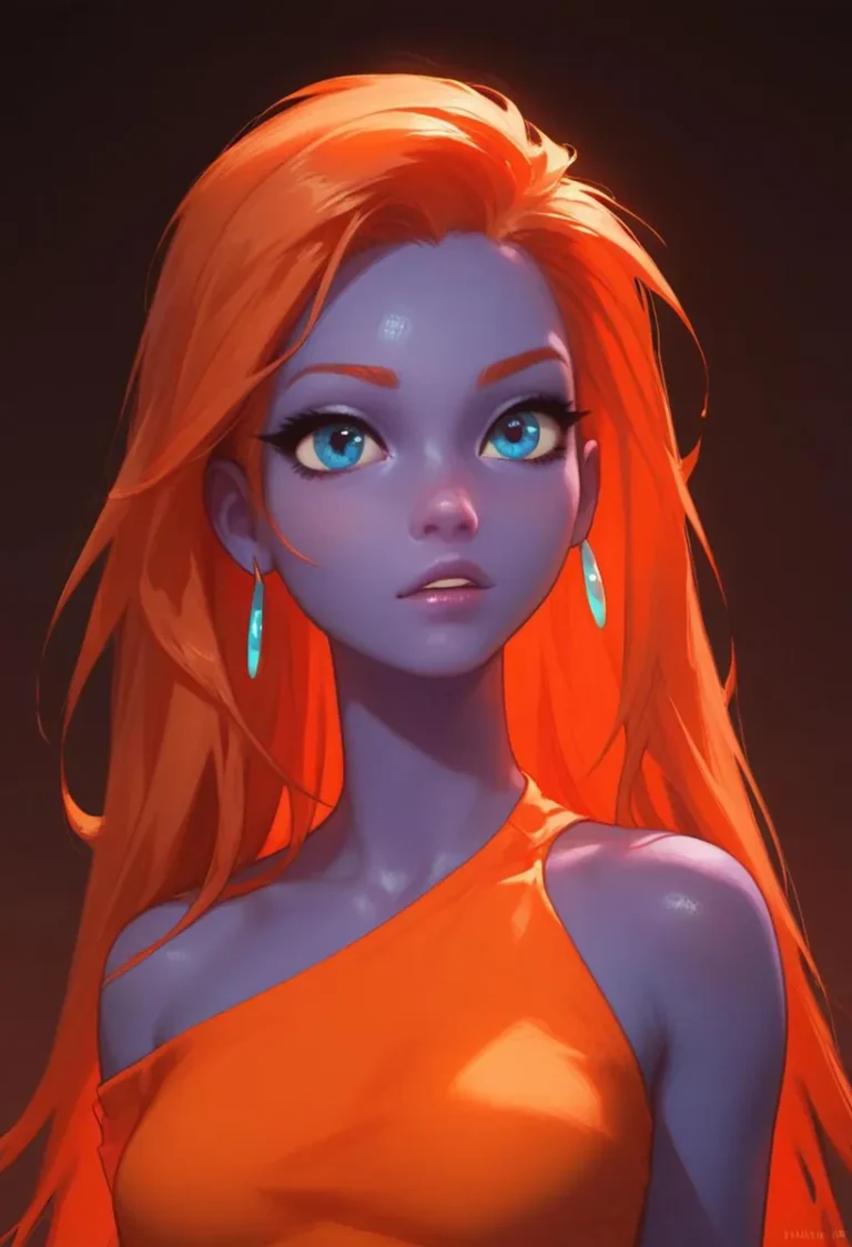 Anime-style woman with blue skin and vibrant orange hair, wearing an orange top, created using Stable Diffusion.