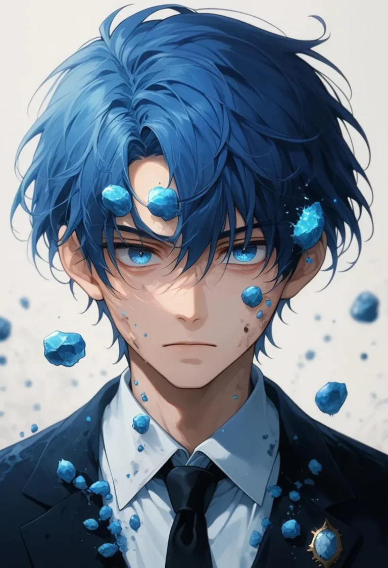 Anime boy with tousled blue hair and blue crystals floating around his face. He is wearing a suit with a black tie and has a serious expression. This is an AI generated image using Stable Diffusion.