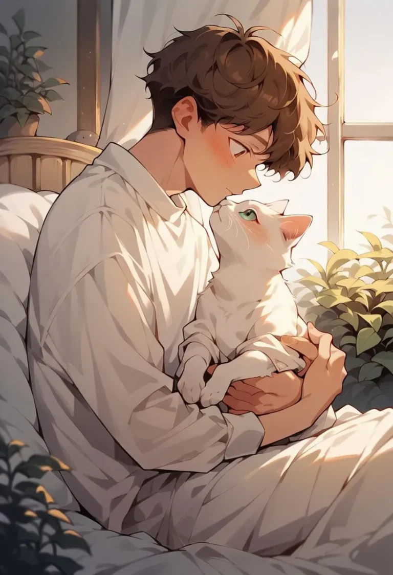 Anime boy in white pajamas sitting on a bed holding and touching foreheads with a white cat. AI generated image using Stable Diffusion.