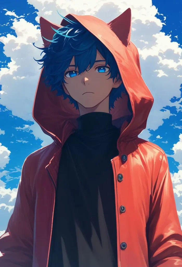Anime boy with blue hair wearing a red cat-ear hoodie against a bright sky background. This is an AI generated image using Stable Diffusion.
