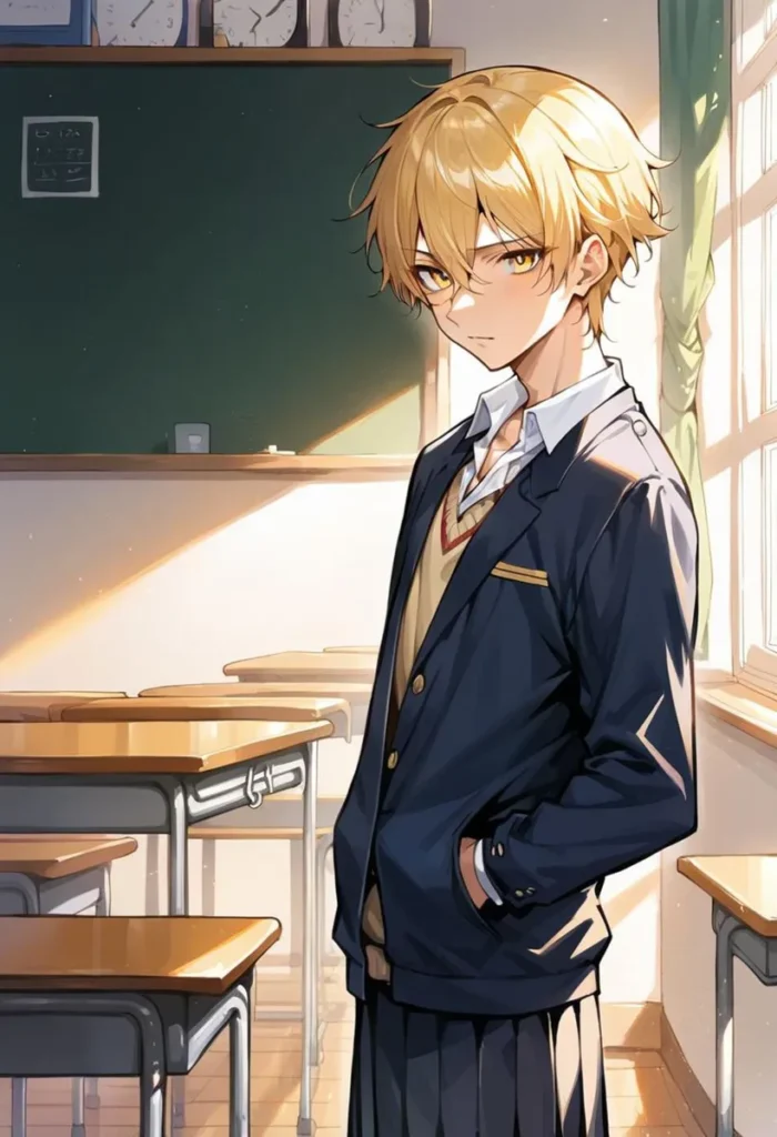 Anime boy with blonde hair in a high school classroom wearing a dark school uniform, created with Stable Diffusion AI.