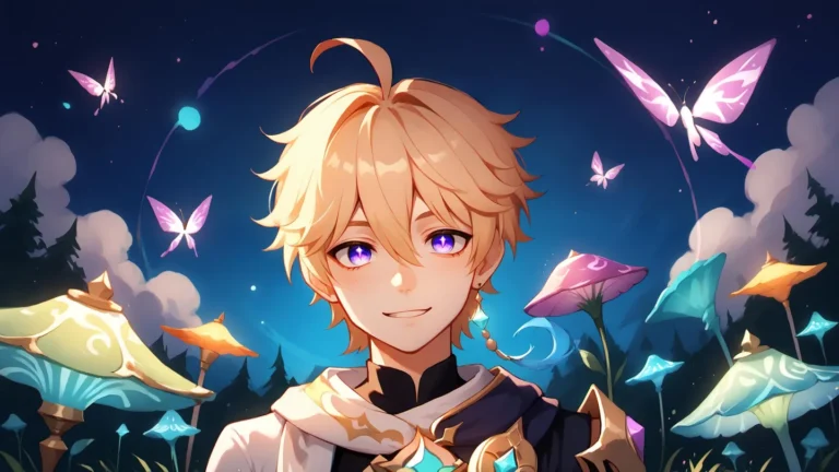 Anime boy with blonde hair and purple eyes smiling in a vibrant fantasy forest filled with colorful mushrooms and glowing butterflies. AI generated image using Stable Diffusion.