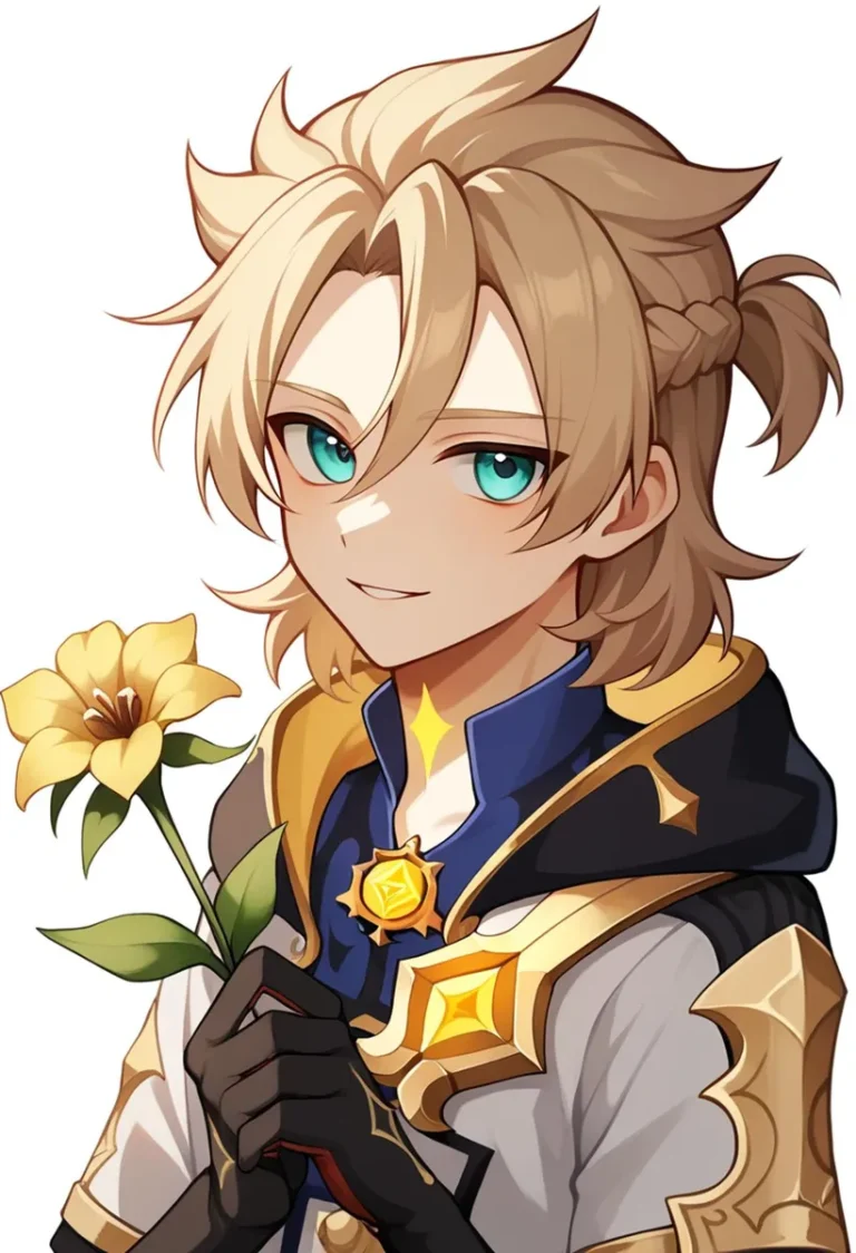 An anime boy with blonde hair, turquoise eyes, and a yellow flower, designed using AI and Stable Diffusion.