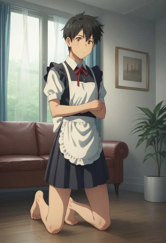 Anime-style boy with short black hair and a serious expression, wearing a maid outfit with a white apron and red bow tie, kneeling barefoot in a modern living room. AI generated image using stable diffusion.