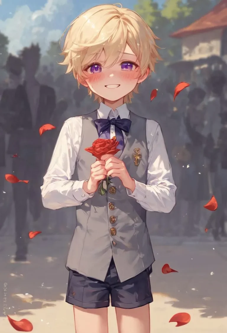 AI generated anime boy with blonde hair and purple eyes holding a red rose, created using stable diffusion.