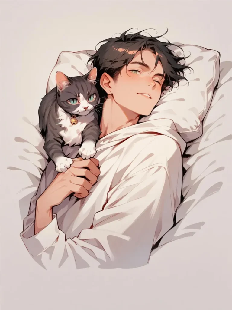 Anime boy lying comfortably in bed with a cat resting on his chest, generated using stable diffusion.