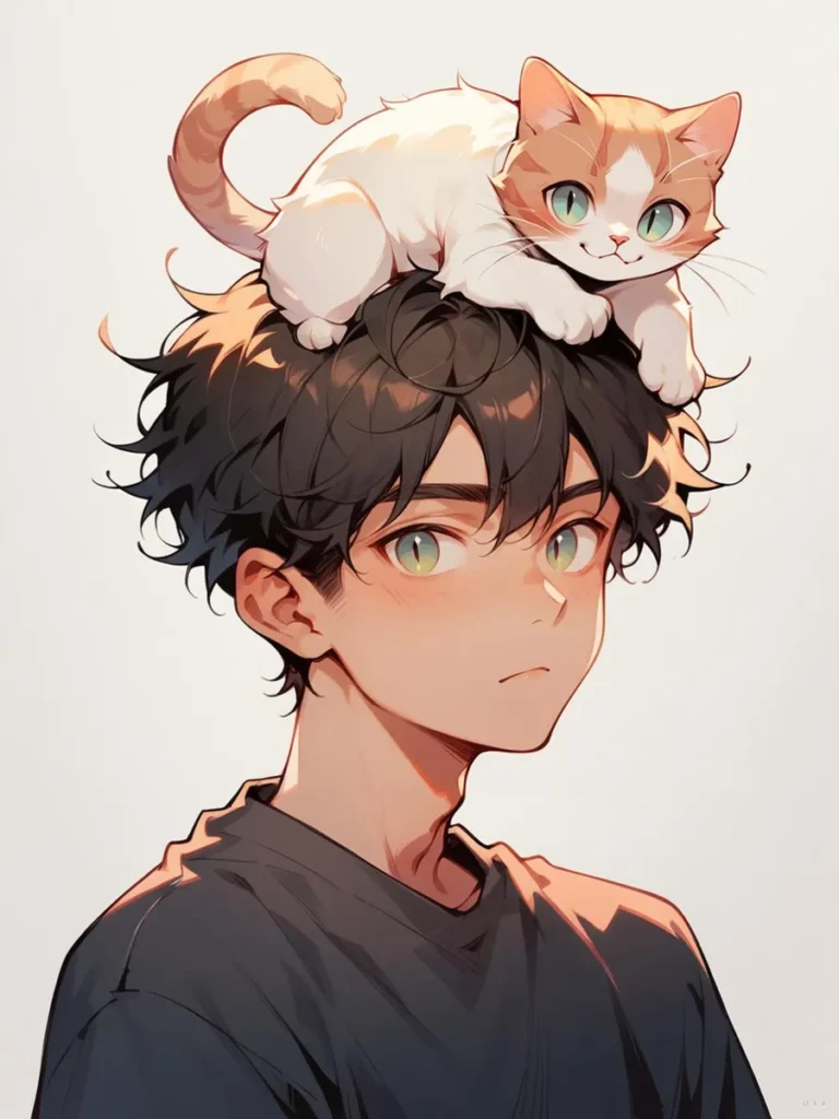 Anime-style illustration of a boy with a cat on his head. AI generated image using stable diffusion.