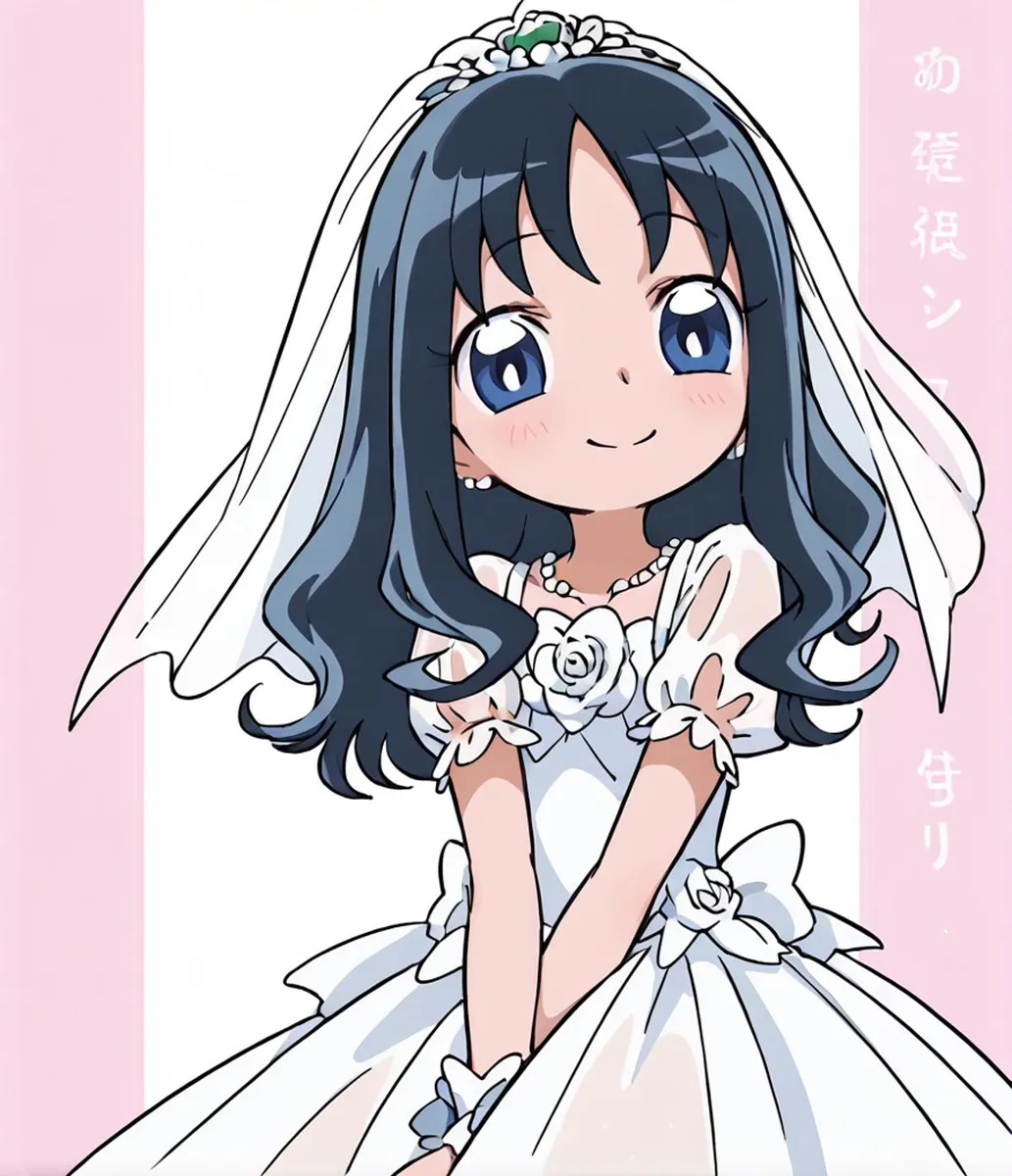 Anime-style image of a cute girl with blue hair, wearing a white bridal dress, a veil, and a tiara, created using Stable Diffusion.