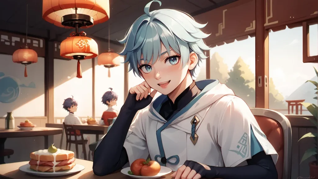 Anime character with blue hair enjoying snacks at a cafe. Ai-generated image using stable diffusion.