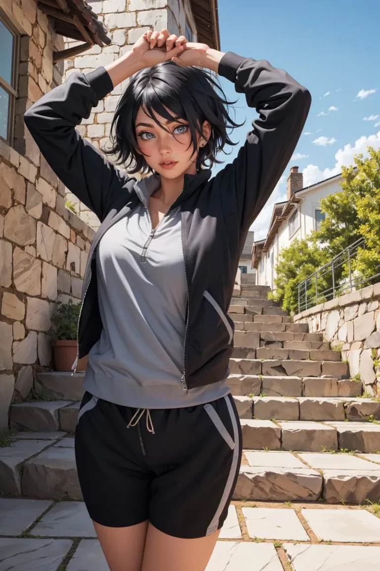 Anime girl with short black hair, wearing a black and gray casual outfit, standing with arms raised above head, on stone staircase outdoors. AI generated image using Stable Diffusion.