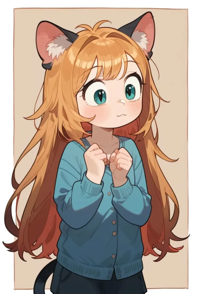 Anime girl with long orange hair, green eyes, and cat ears, wearing a blue cardigan, AI generated image using Stable Diffusion.