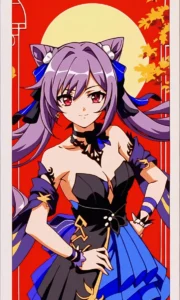 An AI generated image using stable diffusion depicting an anime girl with cat ears, long purple hair, and a black and blue outfit against a red and yellow background.