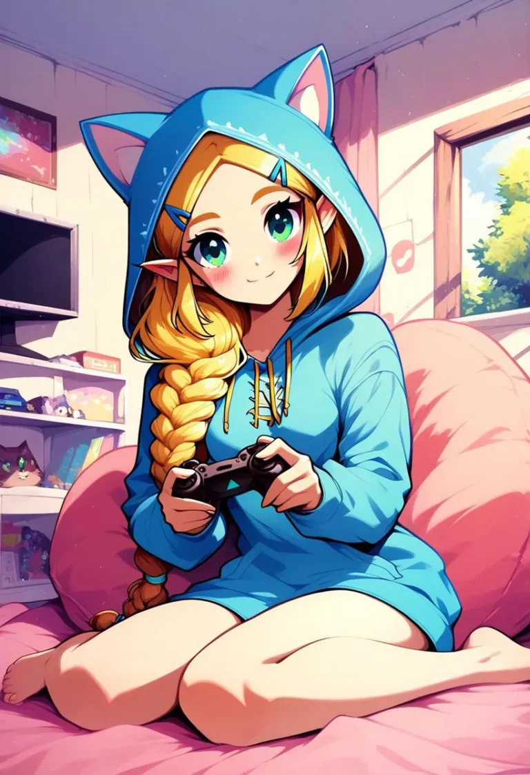 An anime-style girl with blonde hair in a cat-eared hoodie, sitting on a bed with a pink comforter, holding a game controller. AI generated image using Stable Diffusion.