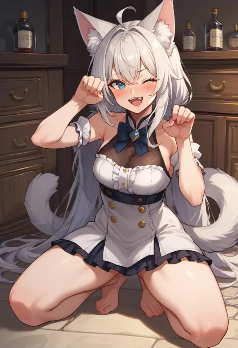 AI generated image of a cute anime cat girl with white hair, cat ears, and tail, dressed in a maid outfit. This image was created using Stable Diffusion.