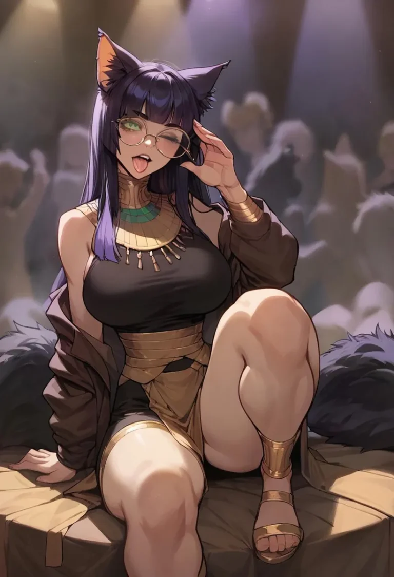 An AI generated anime cat girl with glasses in Egyptian-style attire created using Stable Diffusion.