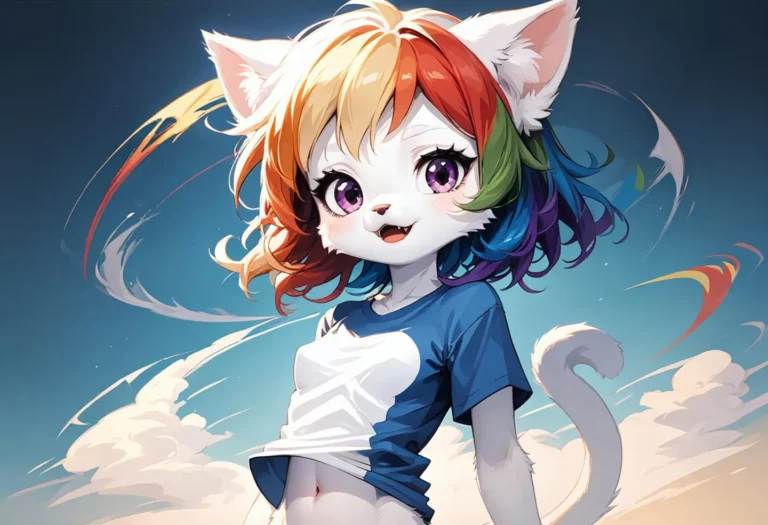 An anime-styled cat girl with rainbow-colored hair, large purple eyes, and a blue and white shirt. Emphasize that this is an AI generated image using Stable Diffusion.
