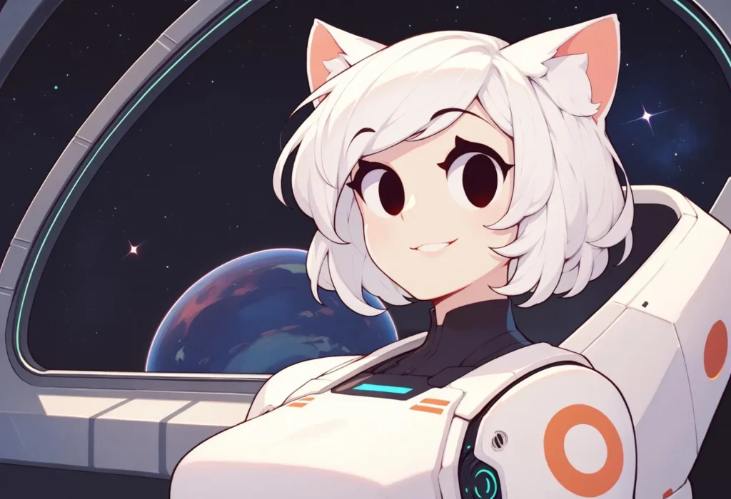 An AI-generated image of an anime-style cat girl with white hair in a futuristic space setting using Stable Diffusion.