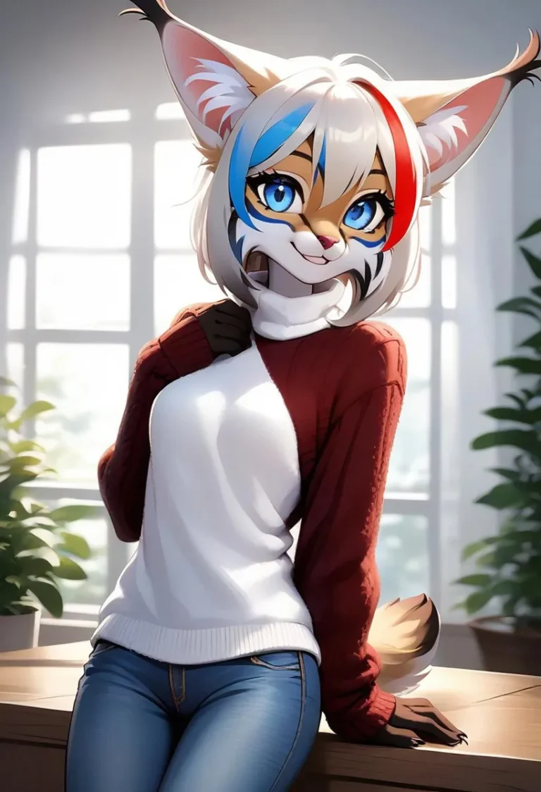 An anthropomorphic character with cat-like features, white hair, and colorful face paint. Clad in a white and red sweater with blue jeans, set against a light-filled room. This is an AI generated image using stable diffusion.