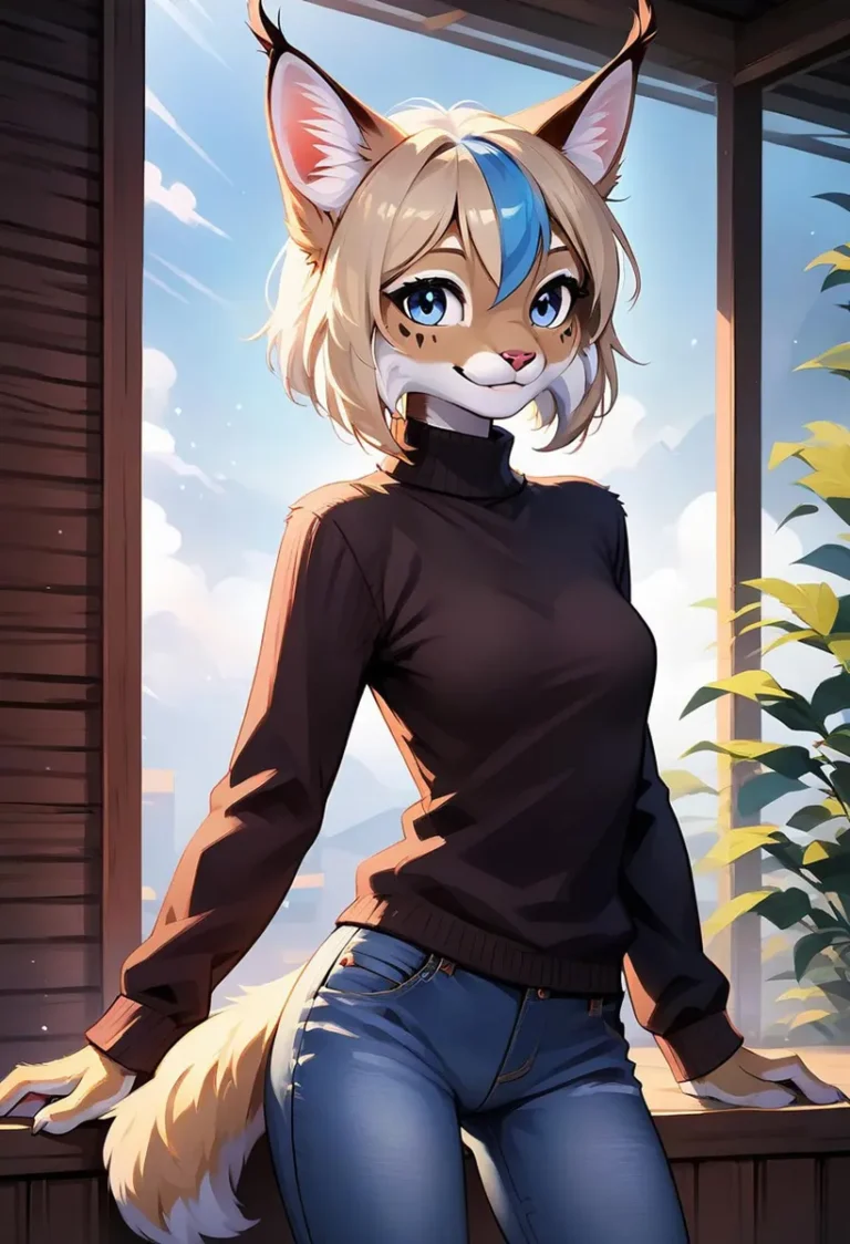 Anthropomorphic anime catgirl with blonde hair and blue streak, wearing a brown sweater and jeans. AI generated image using stable diffusion.