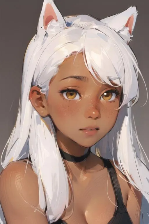A digital art of an anime-style girl with white hair, cat ears, and a black choker. This is an AI generated image using Stable Diffusion.