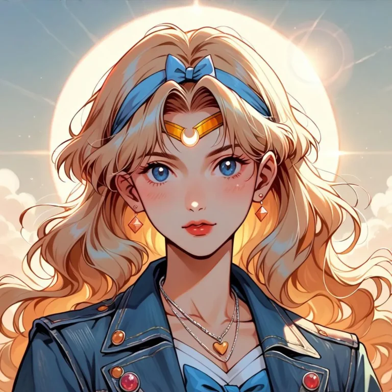 Anime-styled girl with a blue bow, golden headband, and glowing celestial background. AI generated image using Stable Diffusion.