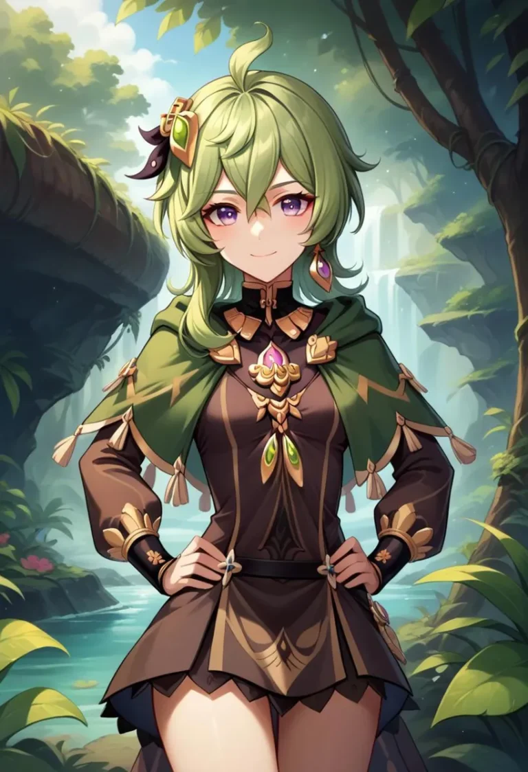 Anime character with green hair and purple eyes, dressed in elaborate dark attire with green accents, standing in front of a serene forest background with a waterfall. This image is AI generated using stable diffusion.